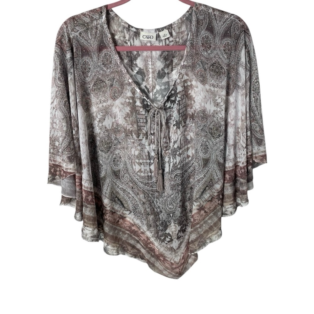 Cato Women's Paisley Poncho Brown and Gray Pattern Front Tie with Tassels Sz M